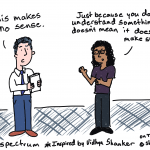Cartoon by Chris Lysy. man says, "This makes no sense." Woman replies, "Just because you don't understand something doesn't mean it doesn't make sense." Inspired by Vidhya Shanker.