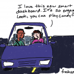 freshspectrum cartoon by Chris Lysy. Person driving a car (badly), "I love this new smart dashboard. It's so engaging. Look, you can play candy crush.