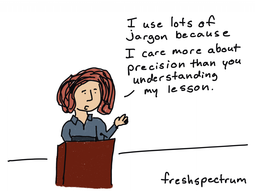 Freshspectrum cartoon by Chris Lysy, "I use lots of jargon because I care more about precision than you understanding my lesson."
